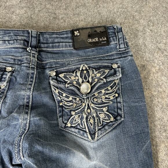 Grace In LA Jeans Size 27 Medium Wash Boot Cut Stretch Denim Embellished Flaws - Picture 12 of 15